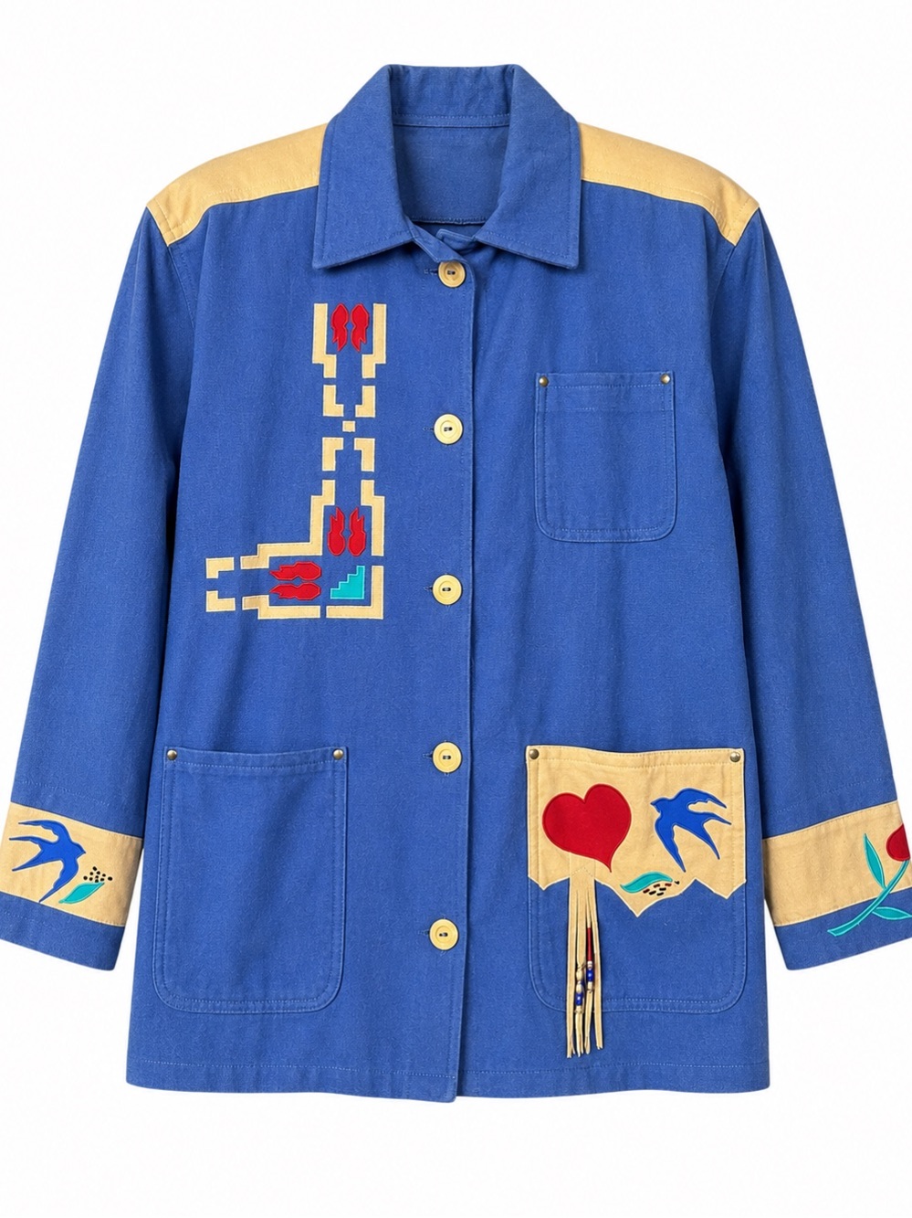 Vintage Southwest Appliqué Canvas Chore Jacket Cobalt Blue Folk Art Bird XL